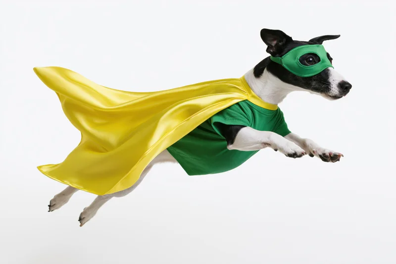 Black and white jack russell terrier in superhero costume mid-leap against white background