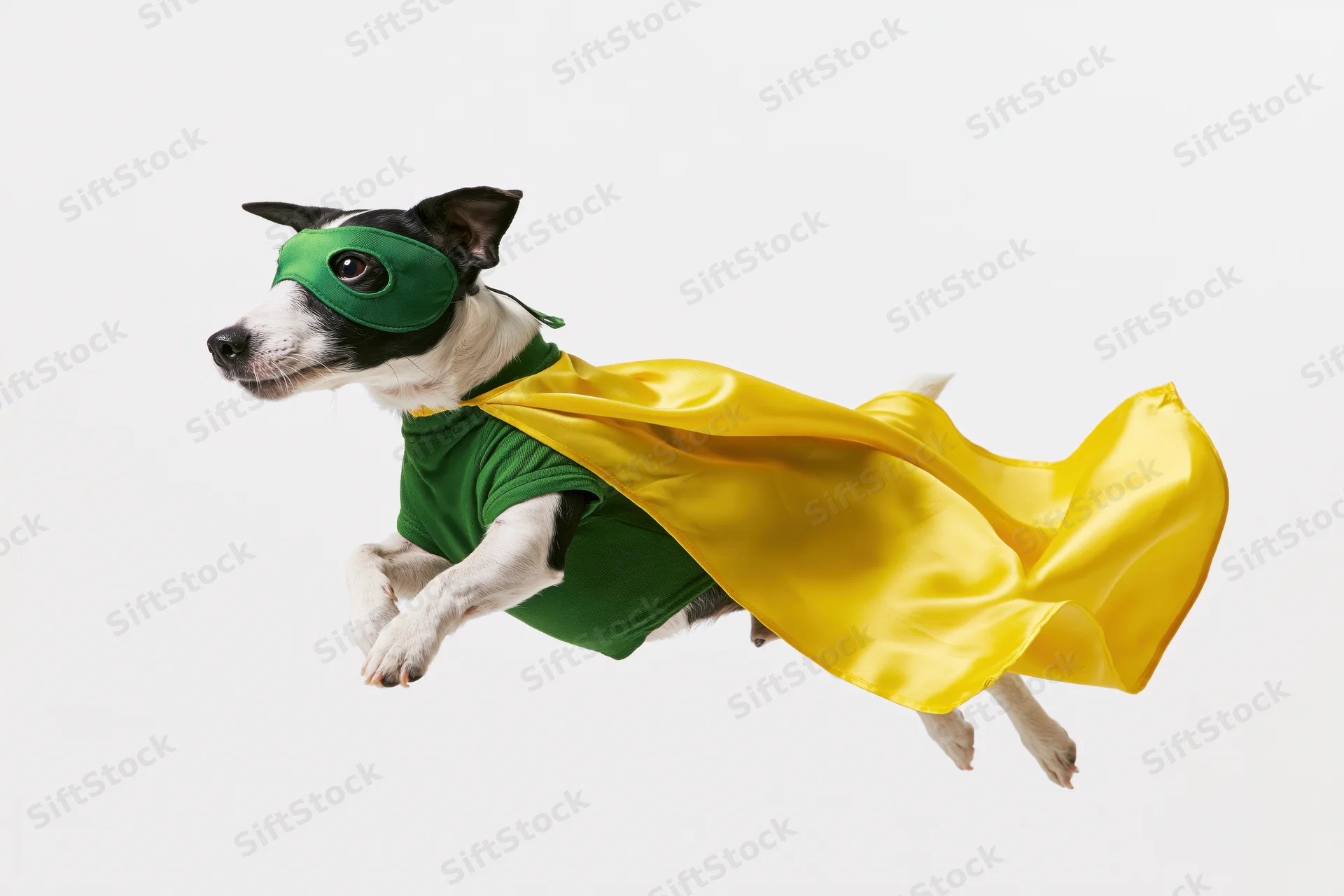 Jack russell terrier in superhero costume mid-leap against white background