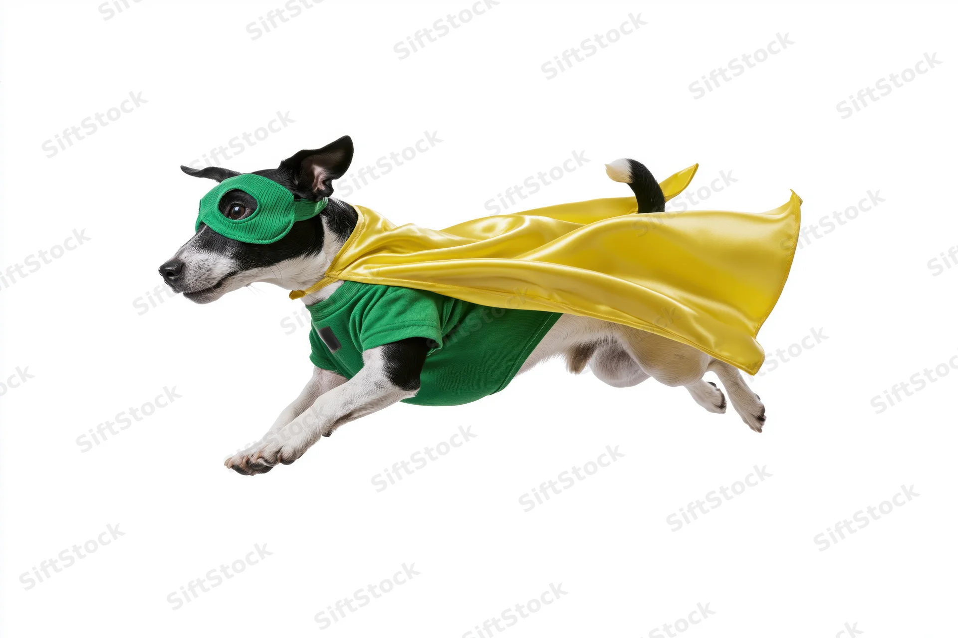 Black and white jack russell terrier in superhero costume mid-leap against white background