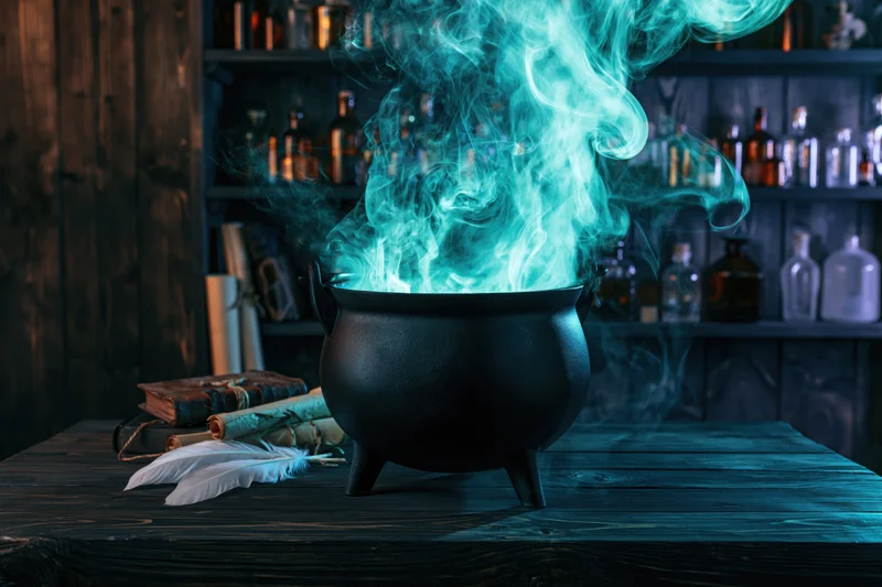 Black cauldron emitting swirling blue-green smoke on wooden table with books and bottles in background