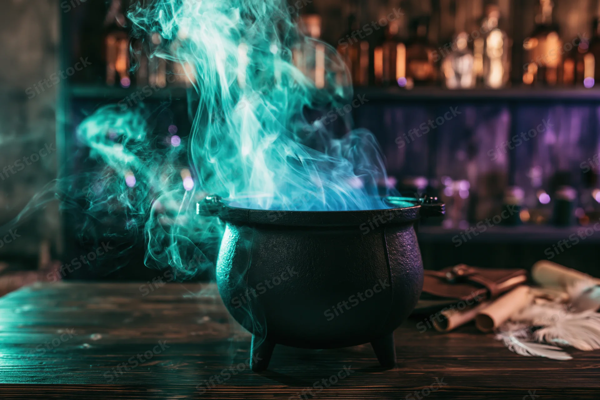 Black cast-iron cauldron emitting swirling blue-green smoke on wooden table with scrolls and bottles in dim background