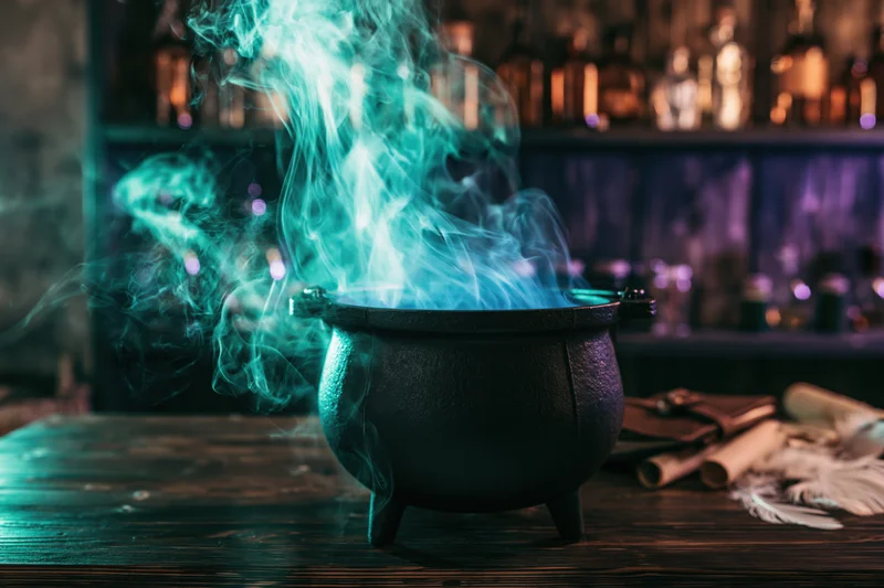 Black cast-iron cauldron emitting swirling blue-green smoke on wooden table with scrolls and bottles in dim background