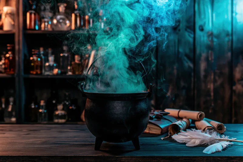 Black cast-iron cauldron emitting swirling blue-green smoke on wooden table with scrolls and feathers beside shelves of glass bottles