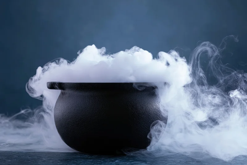 Black cauldron emitting thick white smoke on dark surface