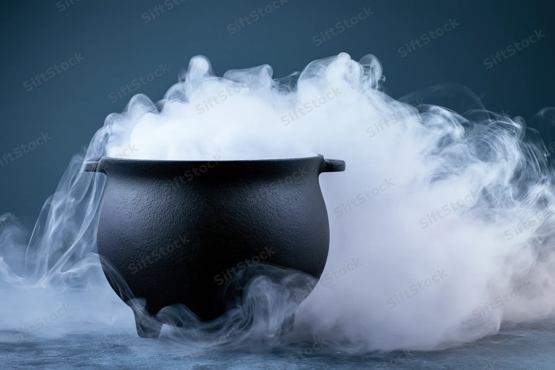 Black cast-iron cauldron billowing white smoke on dark surface