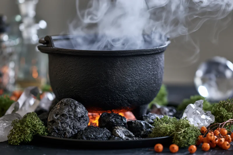 Black cast iron cauldron billowing smoke over fire surrounded by moss, crystals and berries