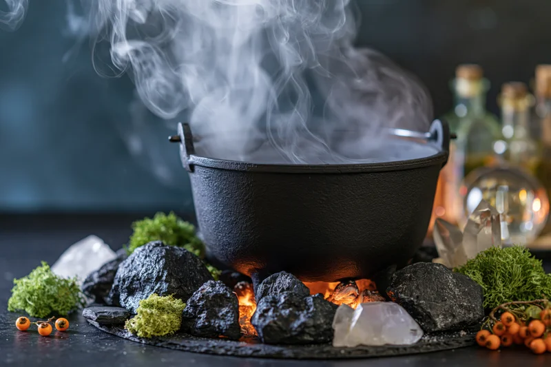 Black cast iron cauldron billowing smoke over fire surrounded by moss, crystals and berries on dark surface