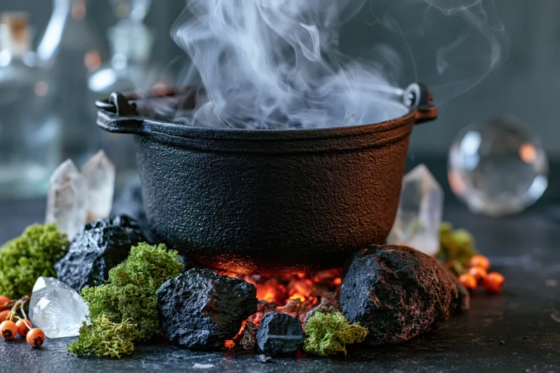 Black cast iron cauldron billowing smoke over glowing embers surrounded by crystals and moss on dark surface