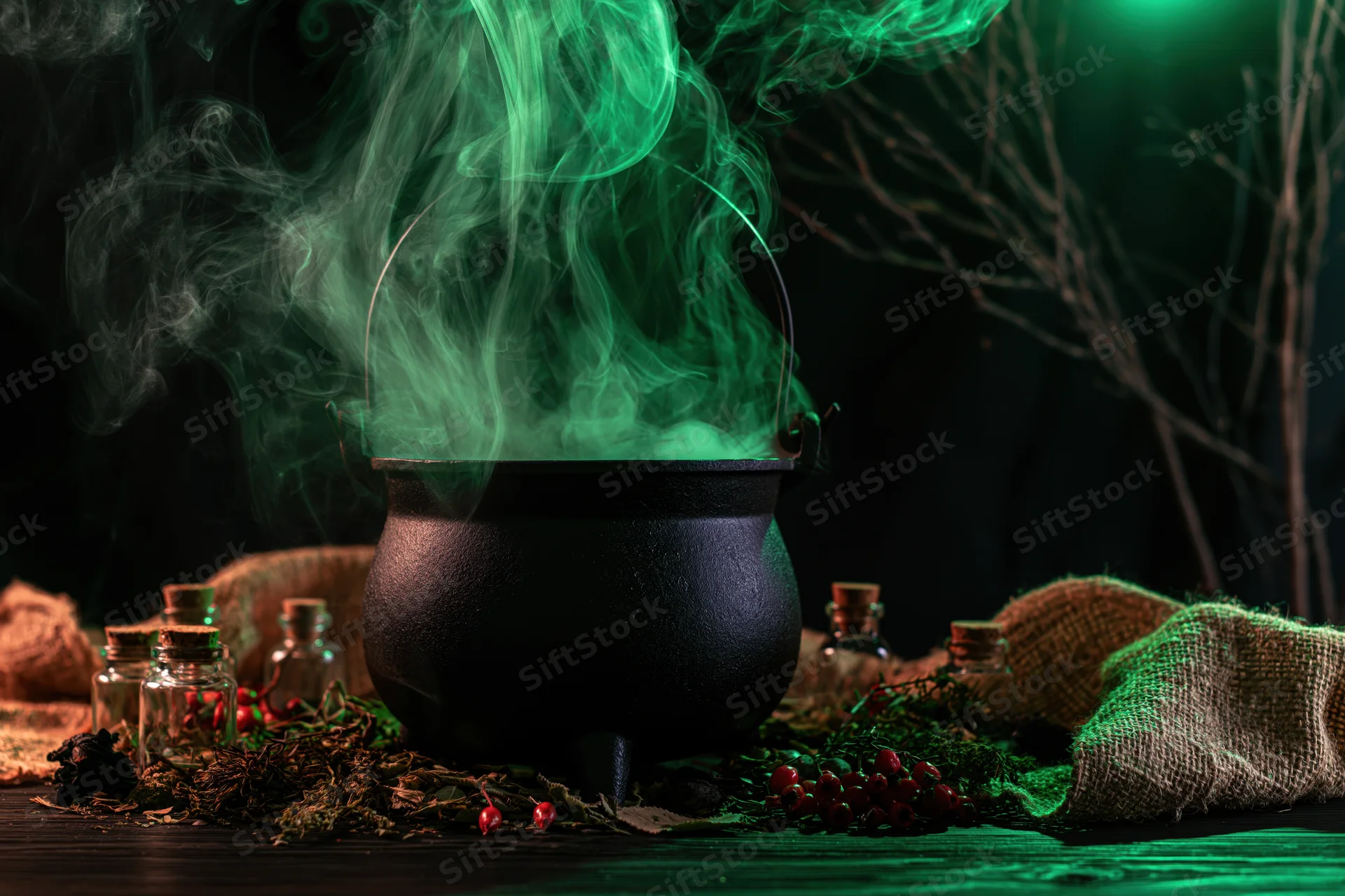 Black cauldron emitting swirling green smoke on a dark wooden table surrounded by herbs, berries, glass bottles and burlap sacks