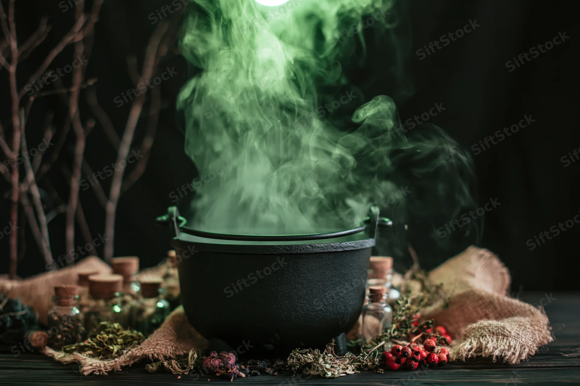 Black cauldron emitting swirling green smoke on dark wooden table surrounded by herbs, berries, glass bottles and burlap cloth