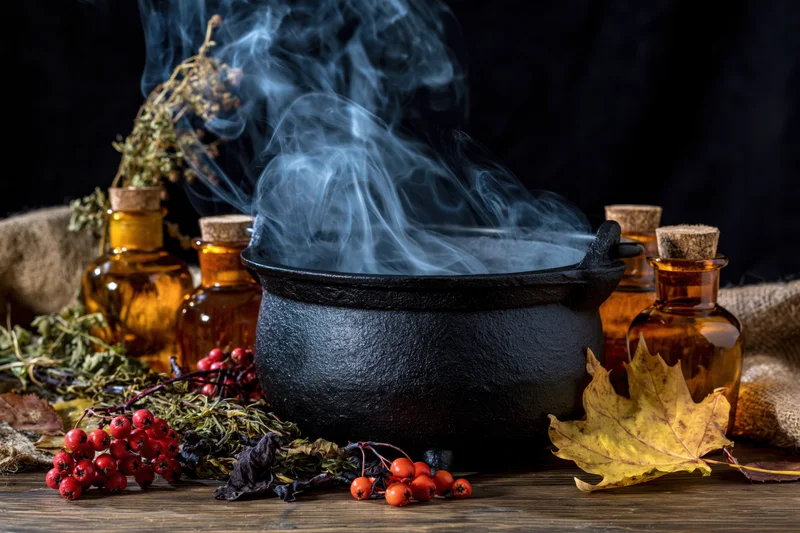 Black cast iron cauldron emitting wispy smoke surrounded by herbs, berries, glass bottles and autumn leaves on wooden table