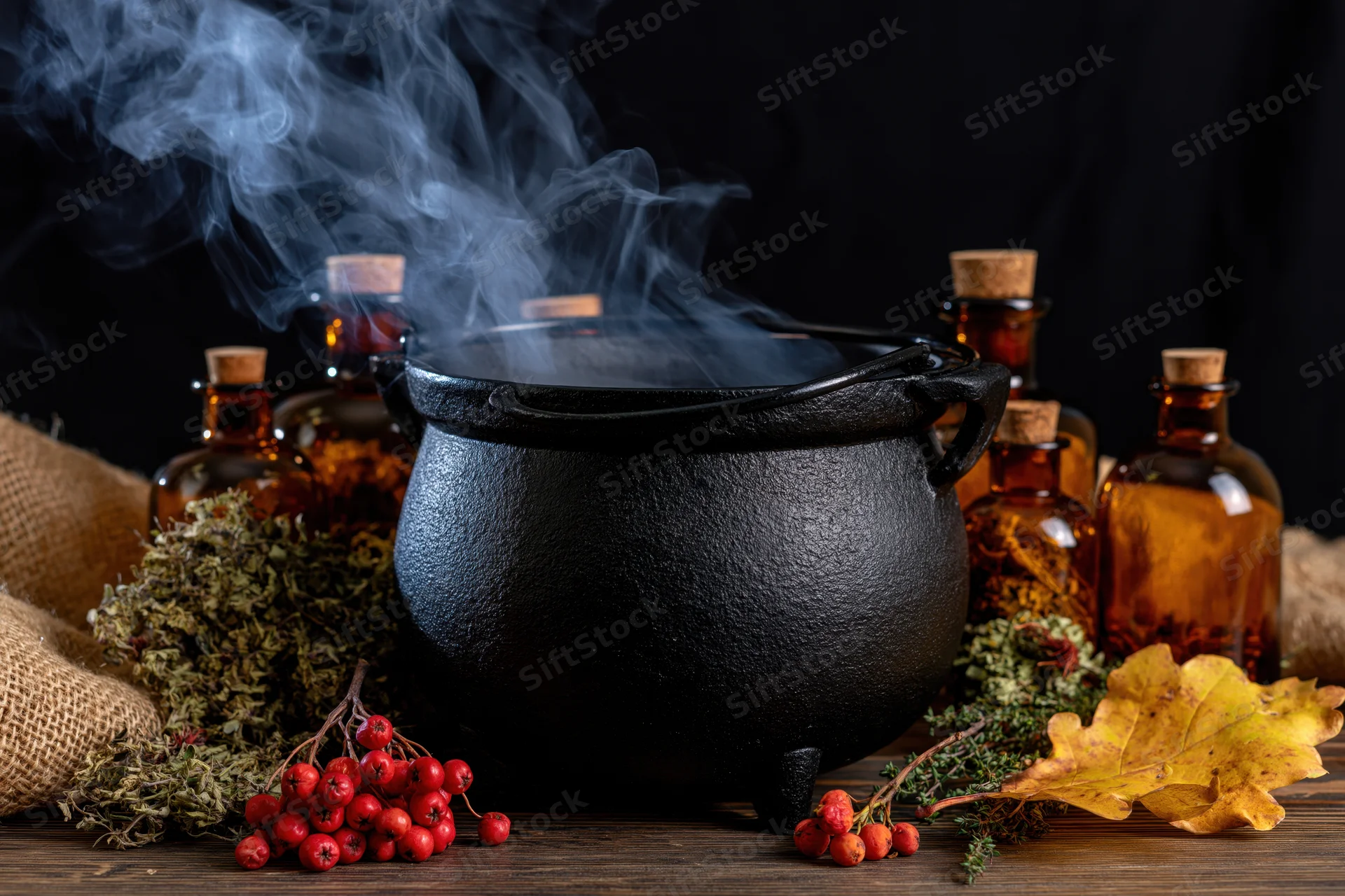 Black cast iron cauldron emitting smoke surrounded by herbs, berries, bottles and autumn leaves on wooden table