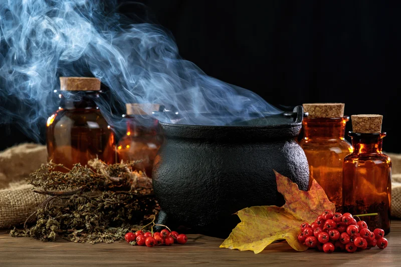 Black cauldron emitting blue-white smoke surrounded by amber bottles, dried herbs, red berries and autumn leaves on wooden table
