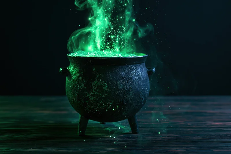 Black cast iron cauldron emitting glowing green smoke on dark wooden surface