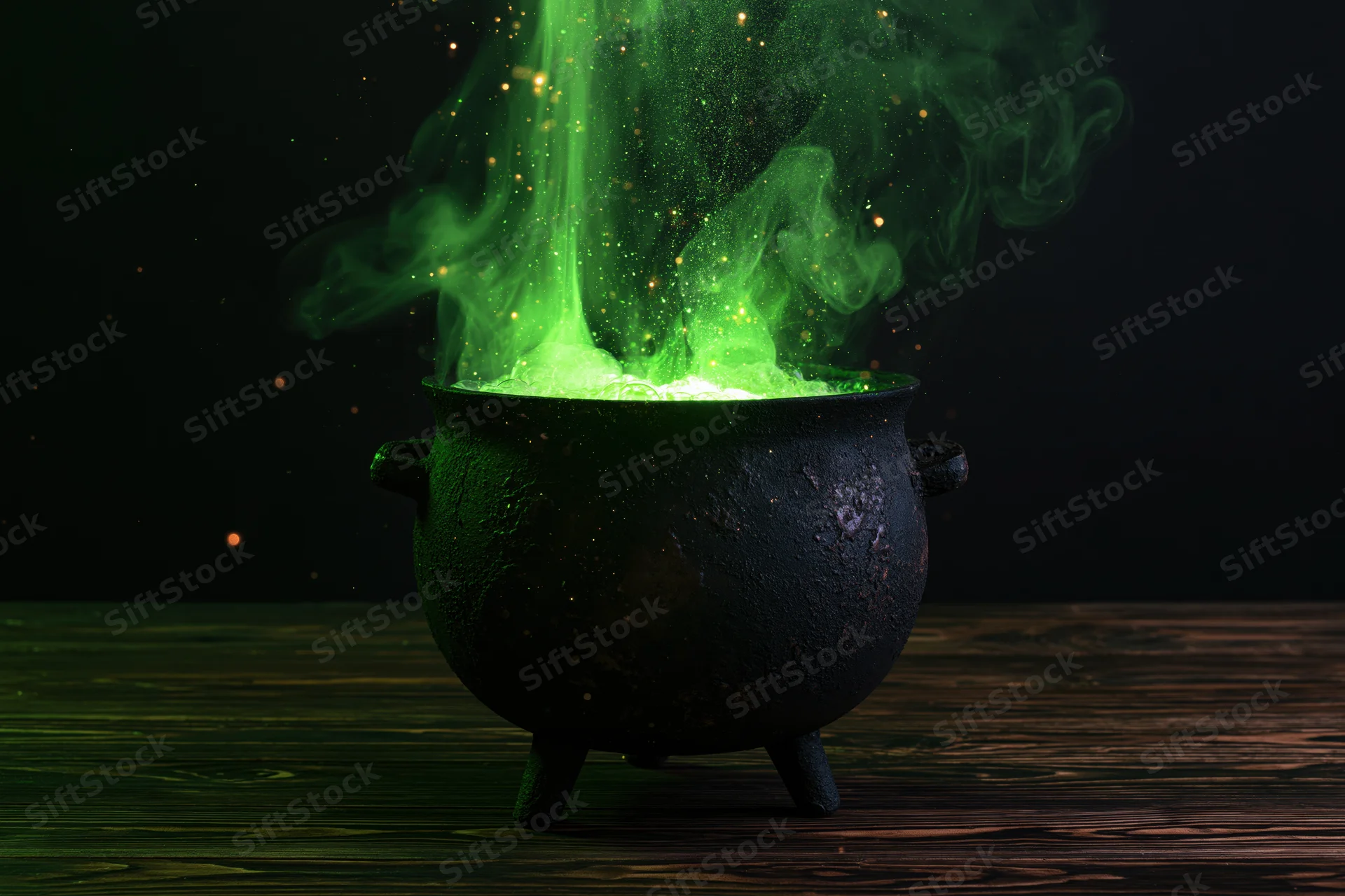 Black cast iron cauldron emitting glowing green smoke on dark wooden surface