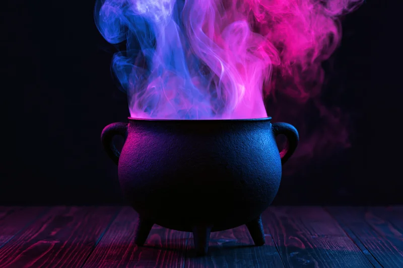Black cauldron emitting glowing purple and pink smoke on dark wooden surface