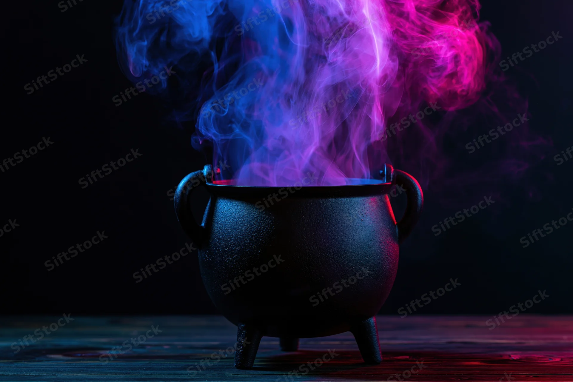 Black cauldron emitting colorful smoke on dark wooden surface