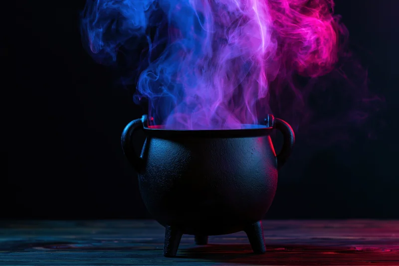 Black cauldron emitting colorful smoke on dark wooden surface