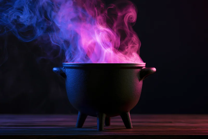 Black cast iron cauldron emitting purple and blue smoke on dark wooden surface