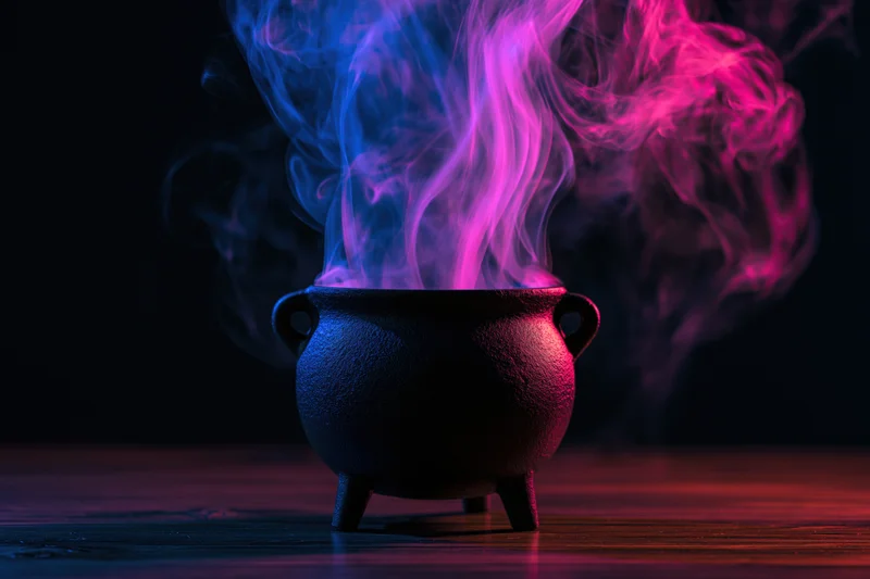 Black cauldron emitting colorful smoke on dark wooden surface