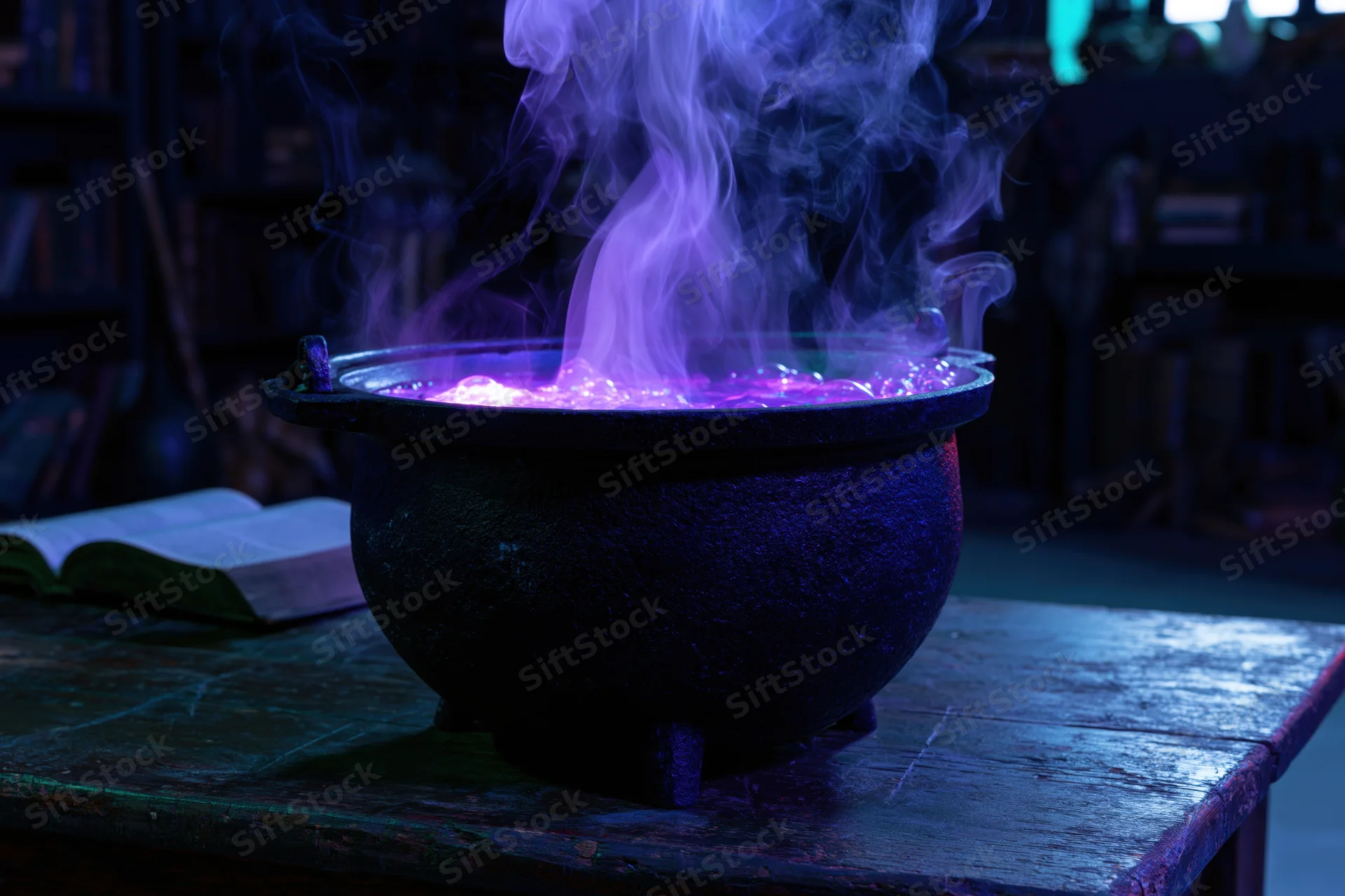 Black cauldron bubbling with purple smoke on a worn wooden table beside an open book
