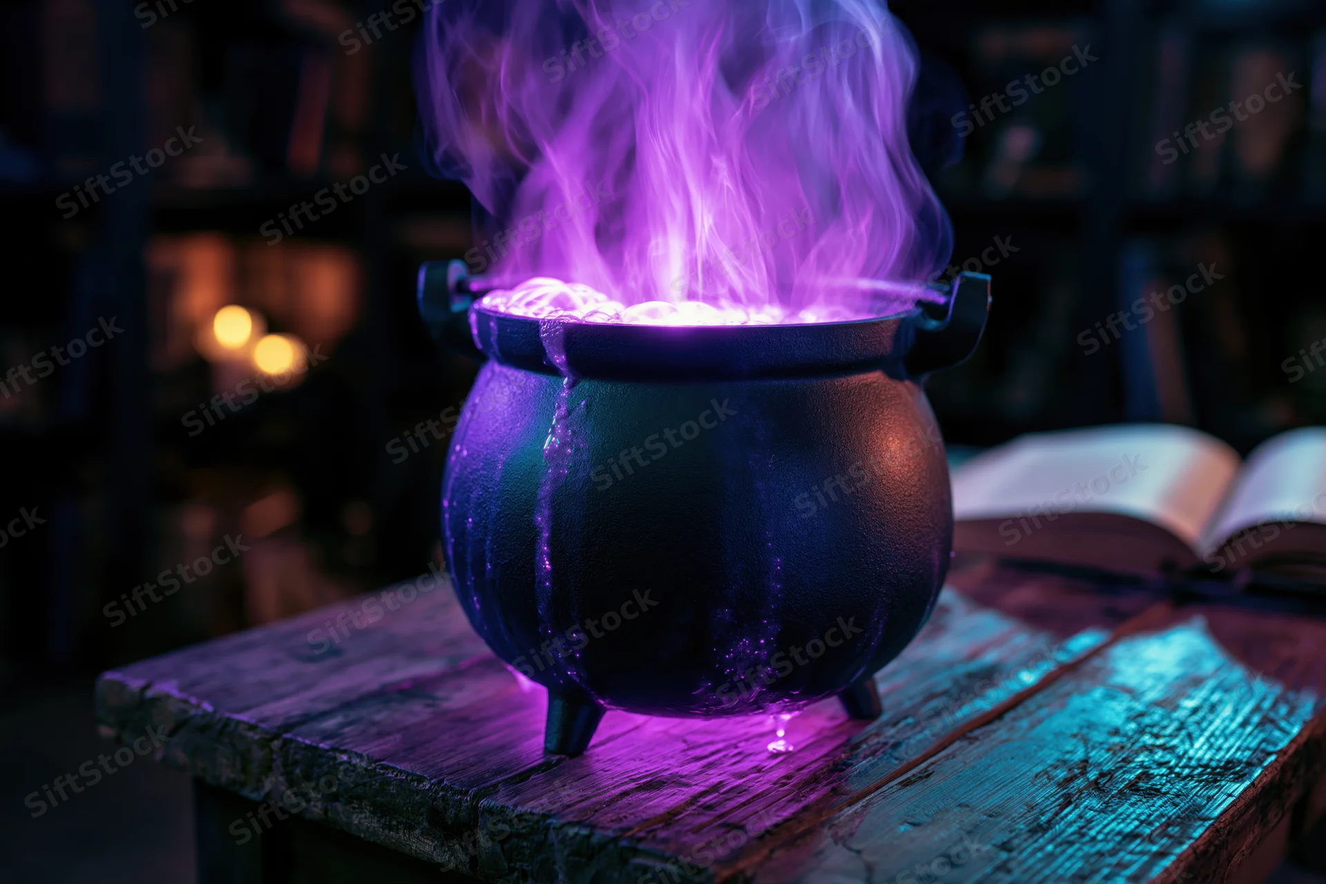 Black cauldron with glowing purple steam on a worn wooden table beside an open spellbook in a dimly lit room