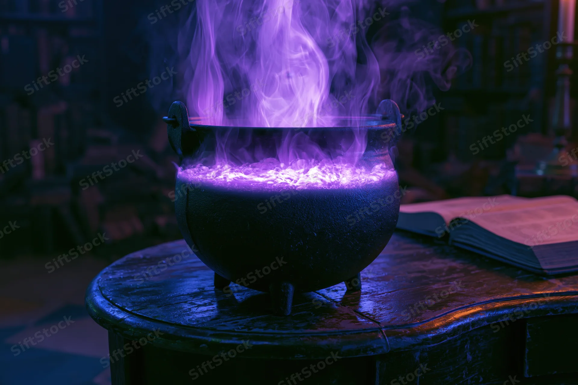 Black cauldron emitting purple smoke on a worn wooden table beside an open book in a dimly lit room