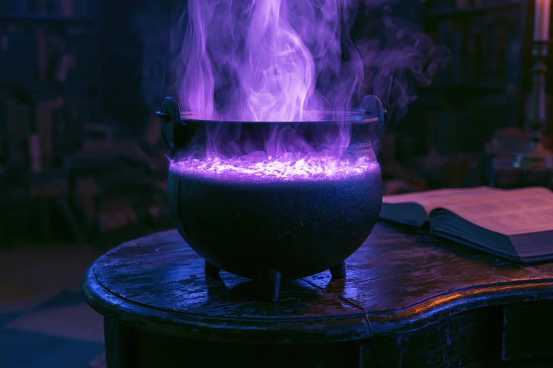 Black cauldron emitting purple smoke on a worn wooden table beside an open book in a dimly lit room
