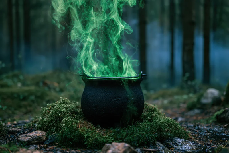 Black cauldron emitting green smoke on mossy forest ground at twilight