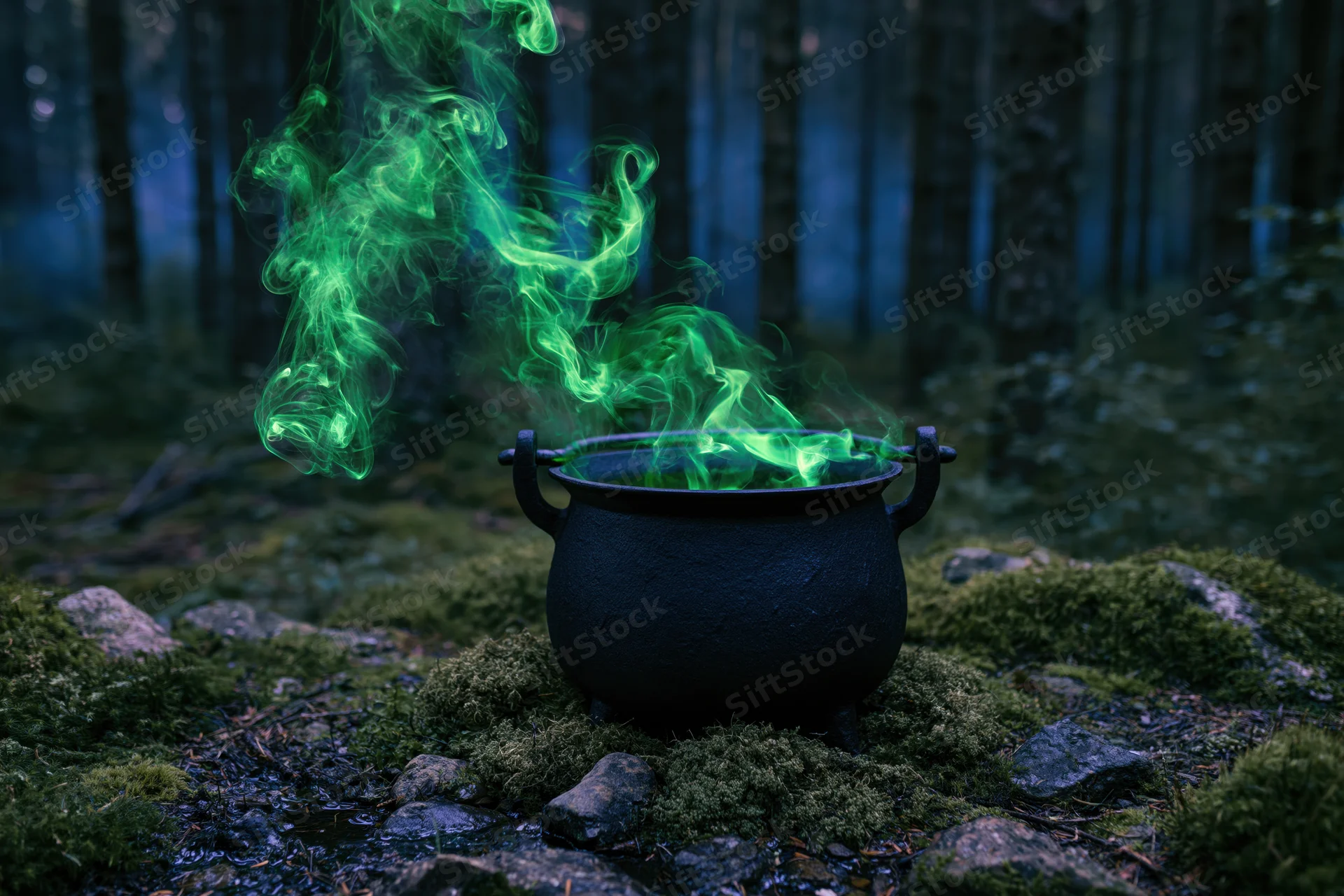 Black cauldron emitting green smoke on mossy forest ground at night