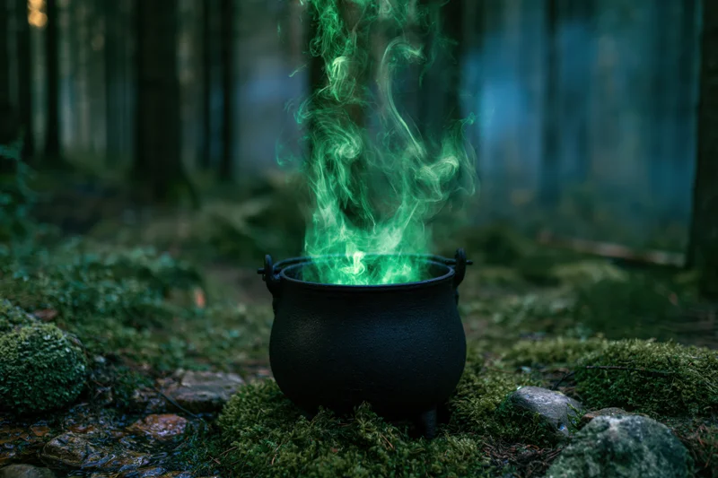 Black cauldron emitting green smoke on mossy forest ground at night