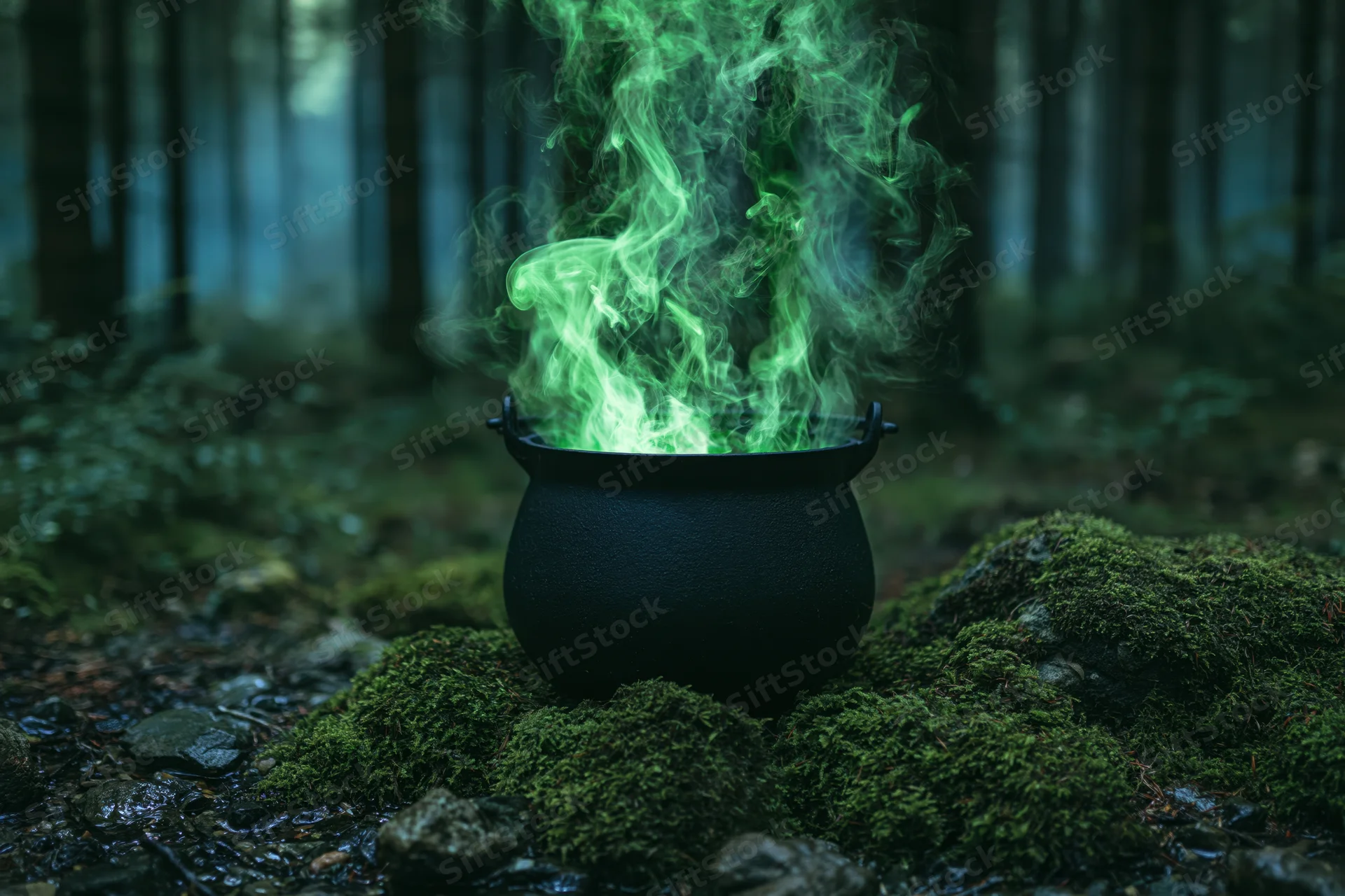 Black cauldron emitting green smoke on mossy forest ground