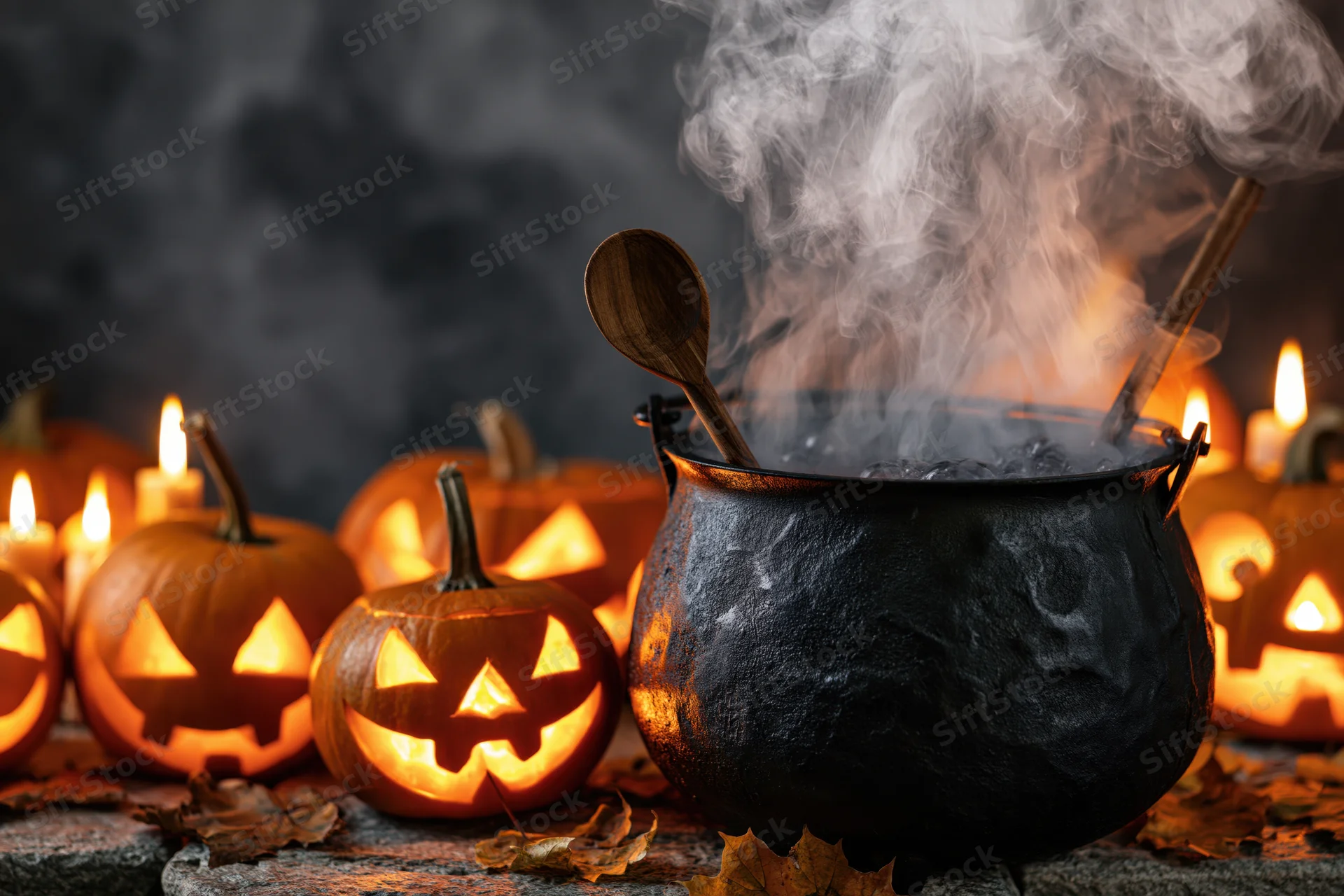 Steaming black cauldron with wooden spoon surrounded by glowing jack-o'-lanterns and candles on a stone surface