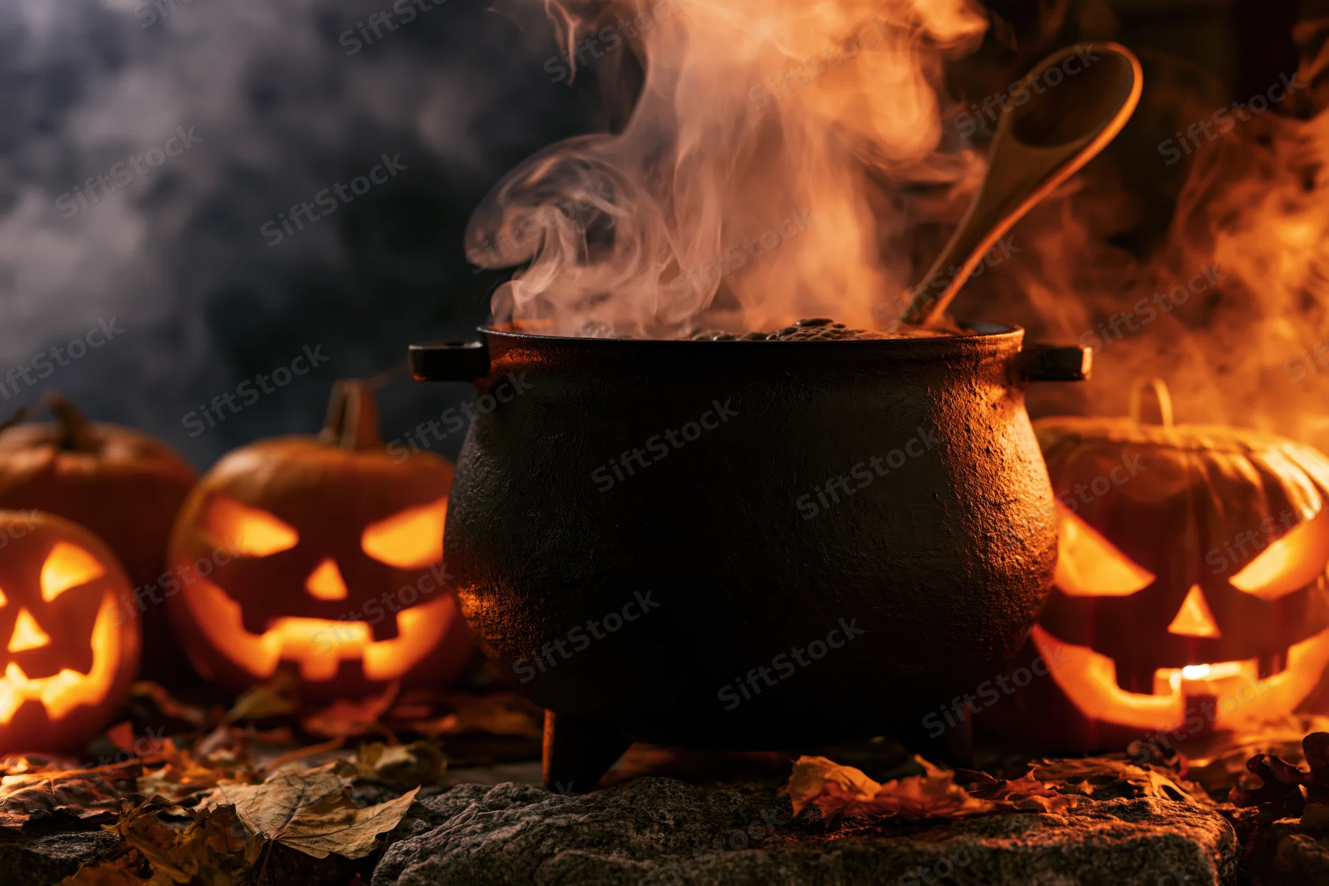 Black cast iron cauldron steaming with wooden spoon surrounded by carved pumpkins on stone surface at night