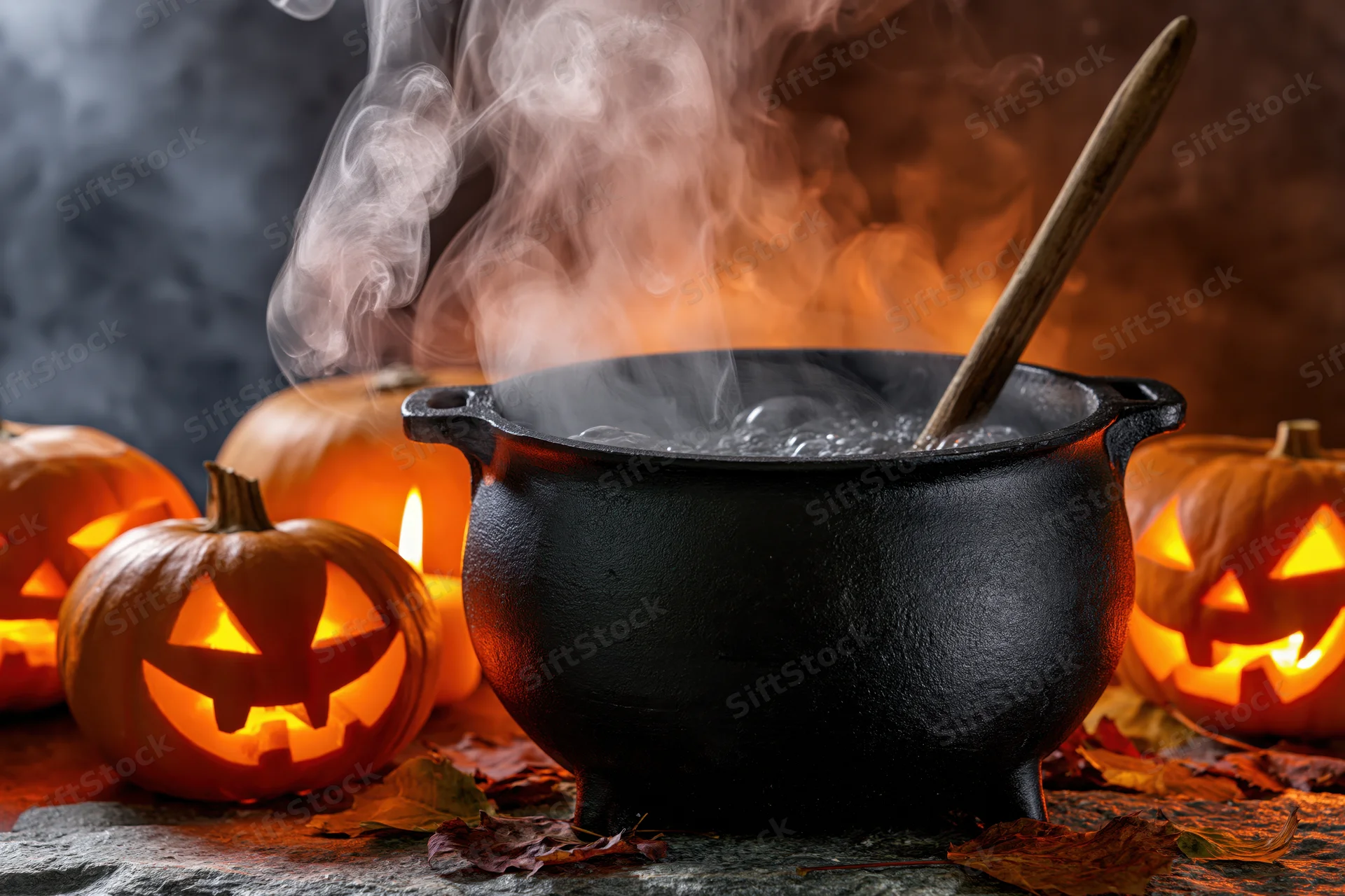 Black cast iron cauldron boiling with steam and wooden spoon surrounded by carved pumpkins and autumn leaves on stone surface