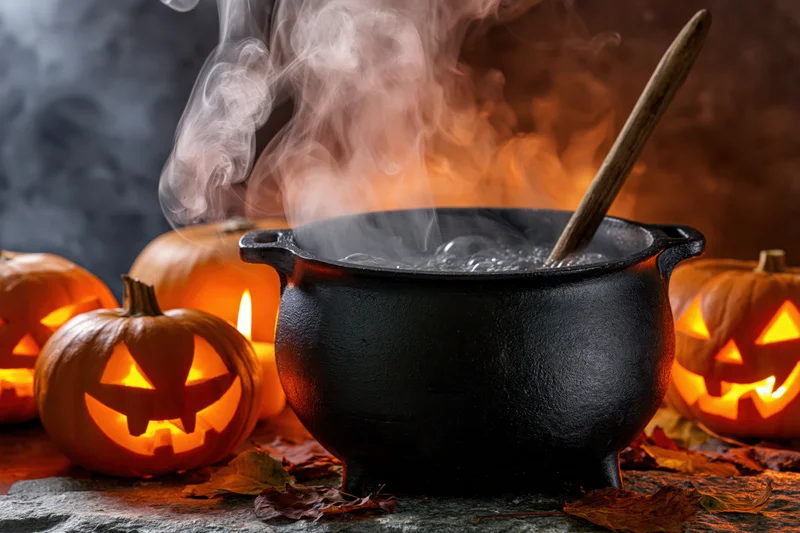 Black cast iron cauldron boiling with steam and wooden spoon surrounded by carved pumpkins and autumn leaves on stone surface