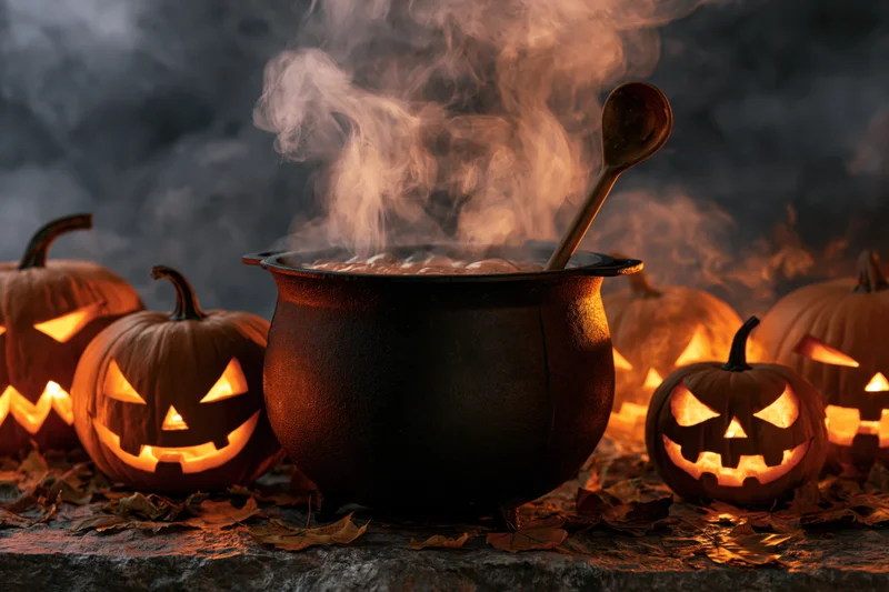 Steaming cauldron with wooden spoon surrounded by glowing jack-o'-lanterns on a dark autumnal surface
