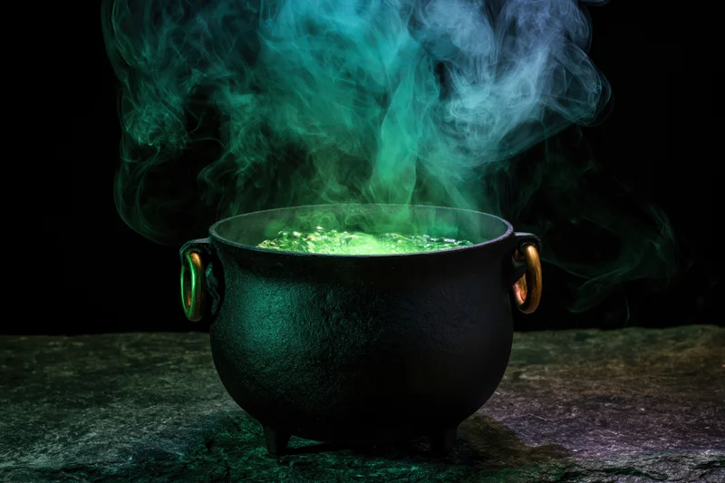 Black cauldron with green bubbling potion and rising smoke on stone surface