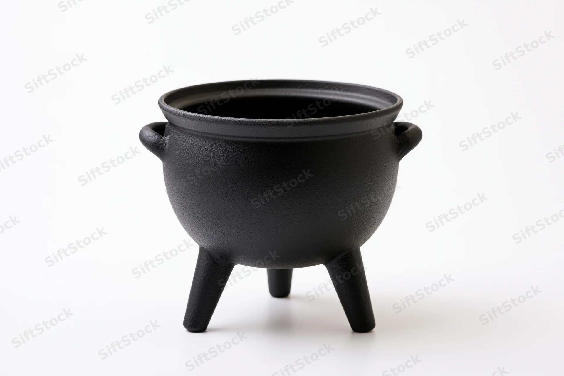 Black cast iron cauldron with three legs and two handles on white background
