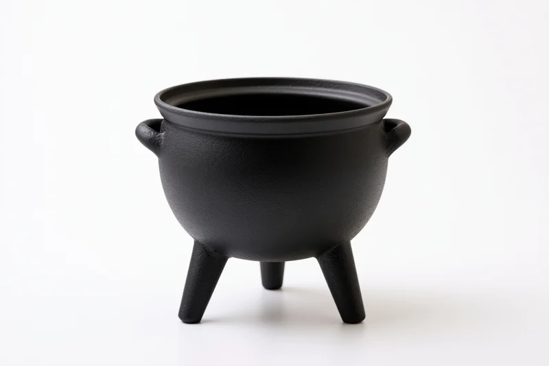 Black cast iron cauldron with three legs and two handles on white background