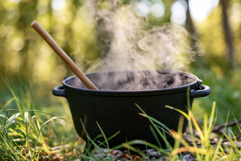 Black cast iron cauldron steaming over a campfire in a grassy forest clearing
