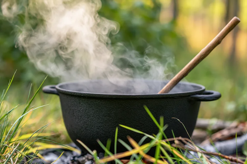Black cast iron cauldron steaming over a campfire in a forest clearing