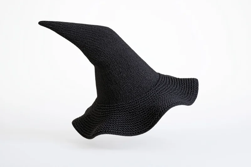 Black knitted witch hat with tall pointed peak floating against white background
