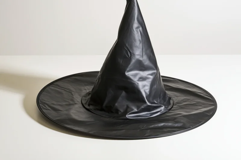 Black plastic witch hat resting on white surface with wide brim and pointed top