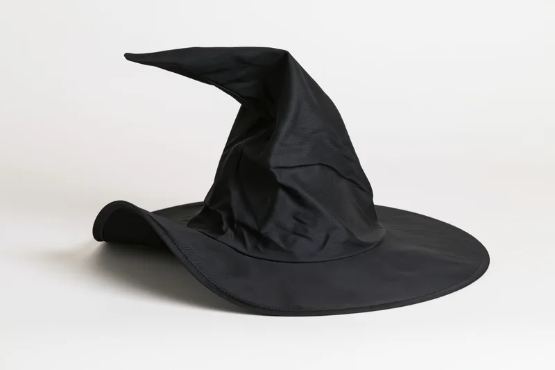 Black pointed witch hat with wide bent brim on white background