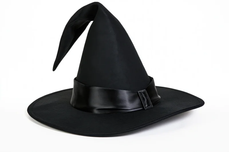Black witch hat with tall pointed crown and wide brim on white background
