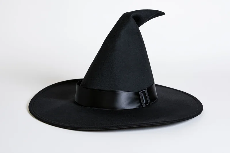 Black witch hat with tall pointed crown and wide brim on white background