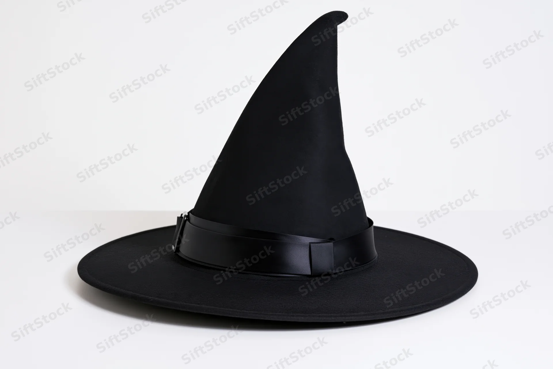 Black witch hat with tall pointed crown and wide brim on white background