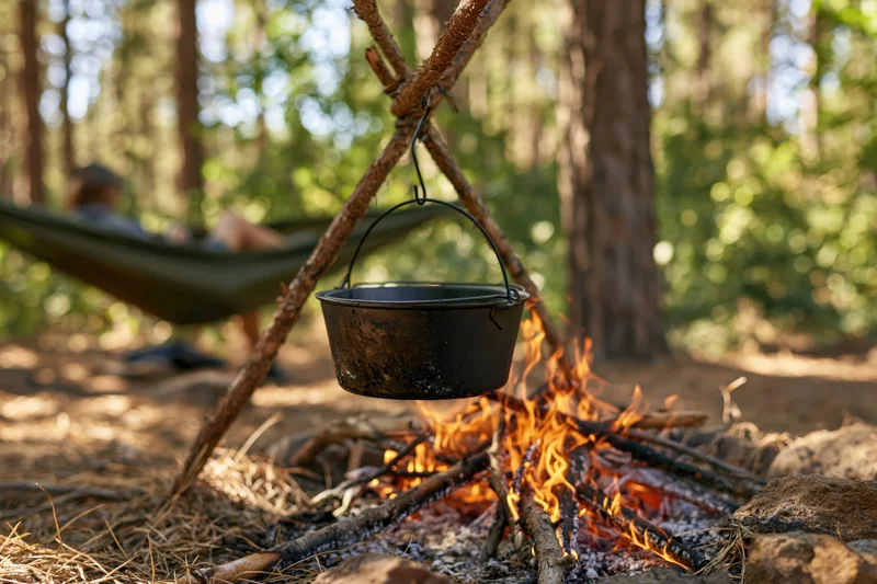 Blackened aluminum pot hanging over a campfire in a forest campsite with a hammock in the background