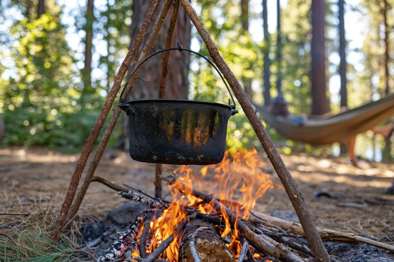 Blackened aluminum pot hanging over a campfire in a forest clearing with a hammock in the background